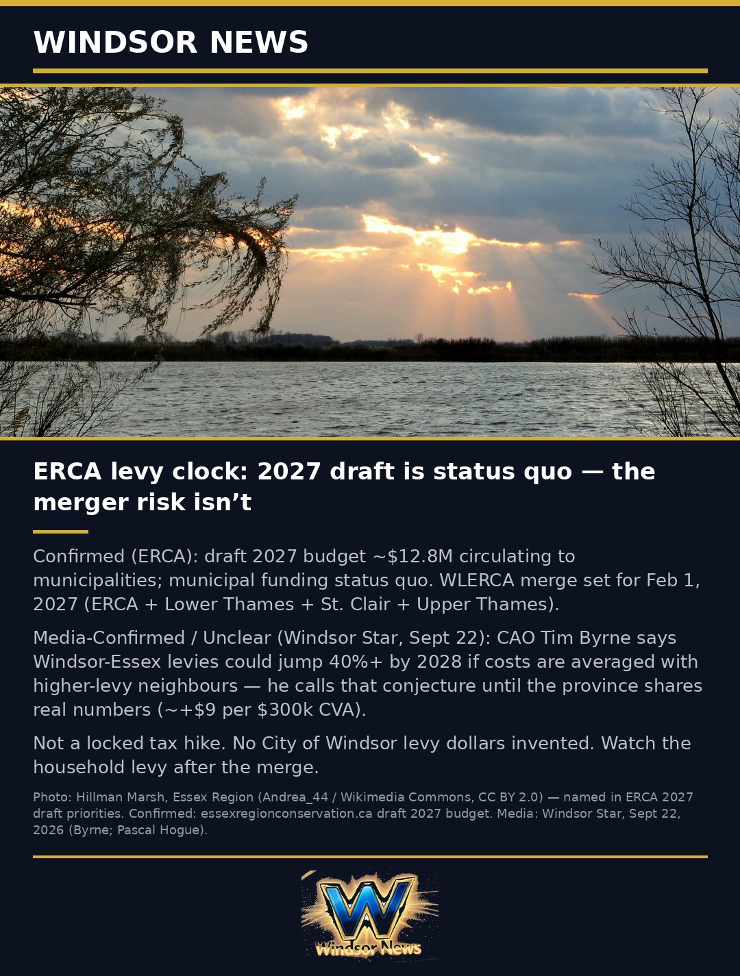 Windsor News card: ERCA's 2027 draft budget is status quo; the merger is the levy question