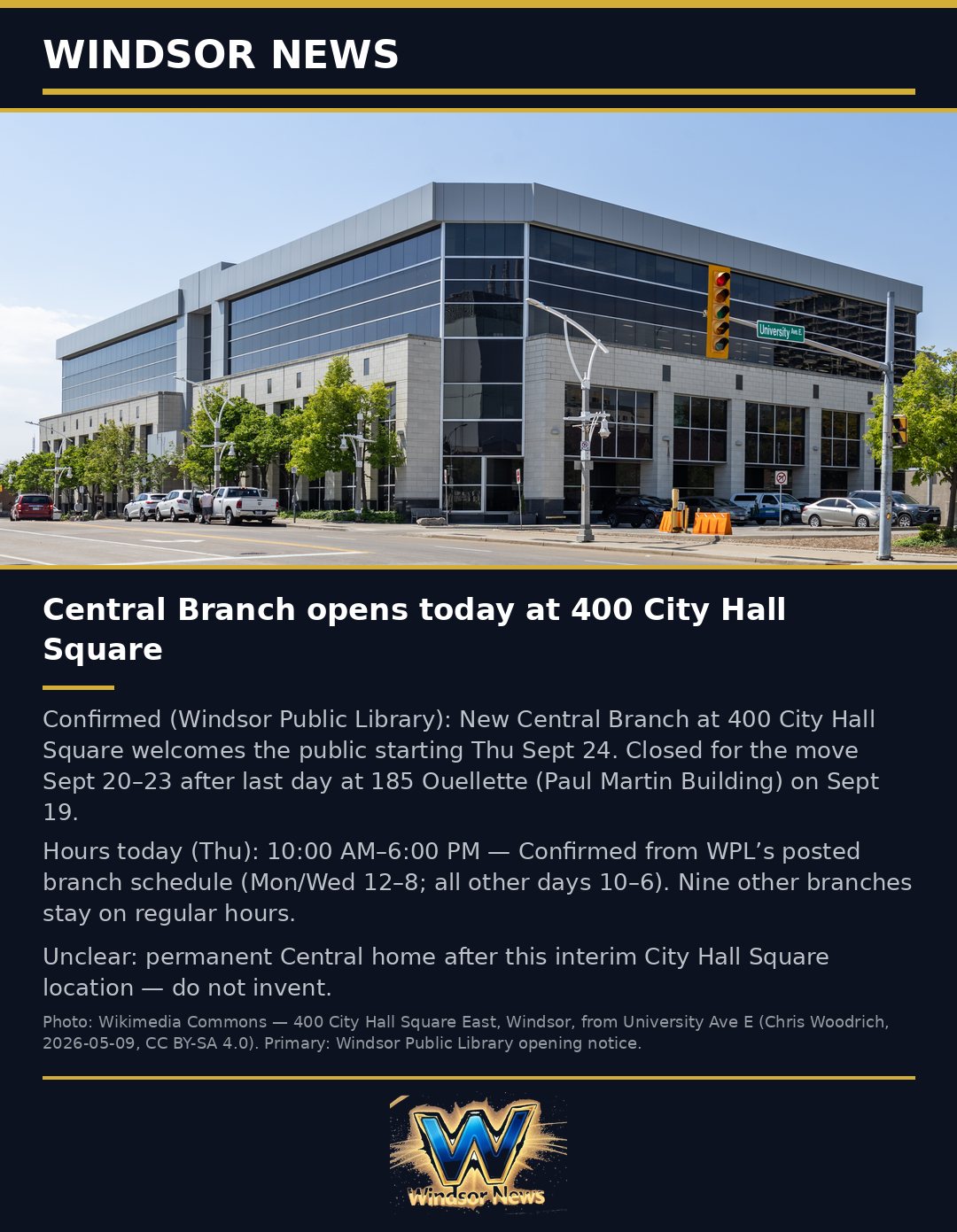 Windsor News card: Central Branch opens at 400 City Hall Square