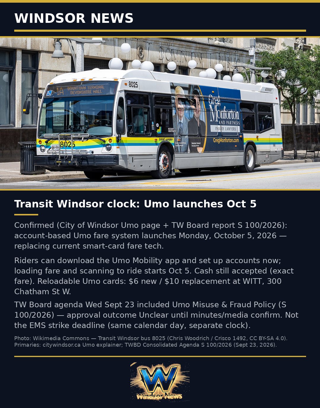 Windsor News card: Transit Windsor's Umo fare system launches Oct. 5