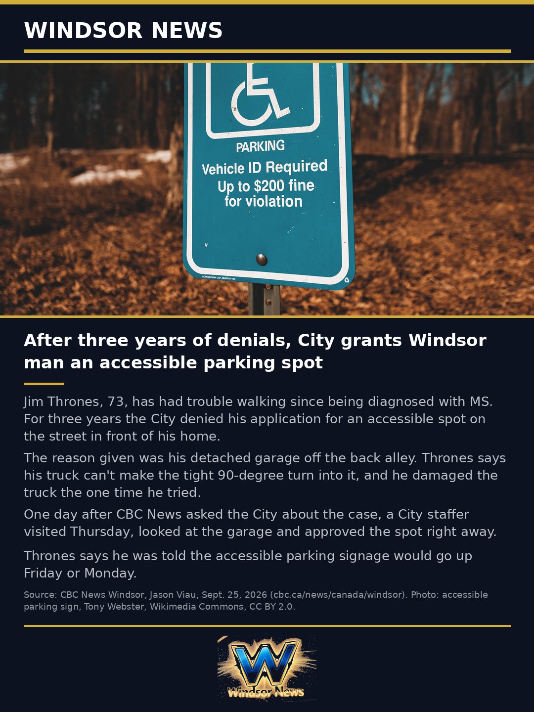 Windsor News card: After three years of denials, City grants Windsor man an accessible parking spot