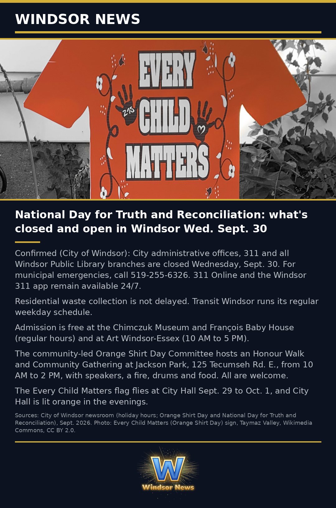 Windsor News card: National Day for Truth and Reconciliation: what's closed and open in Windsor on Sept. 30