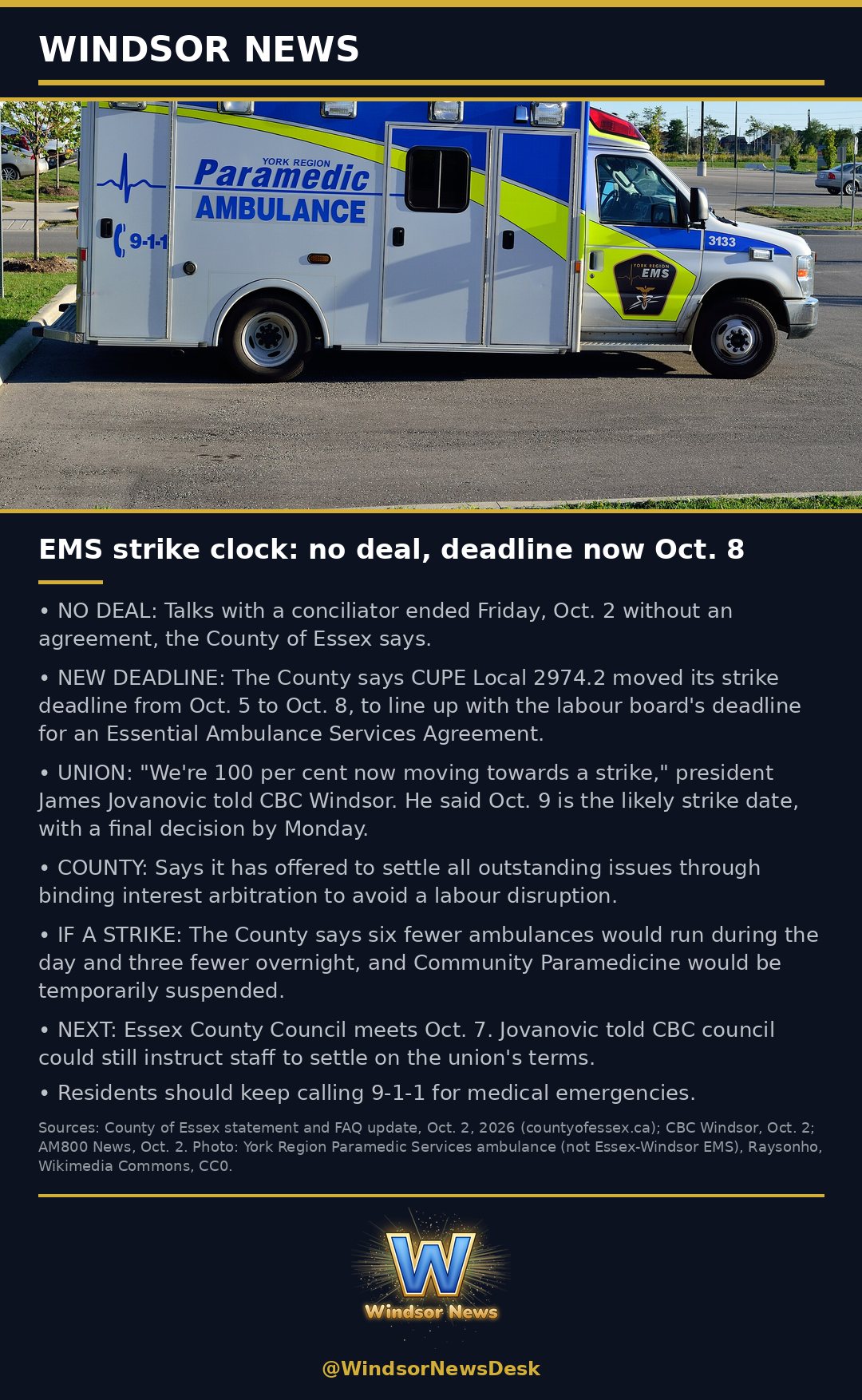 Windsor News card: EMS strike clock: no deal, deadline now Oct. 8