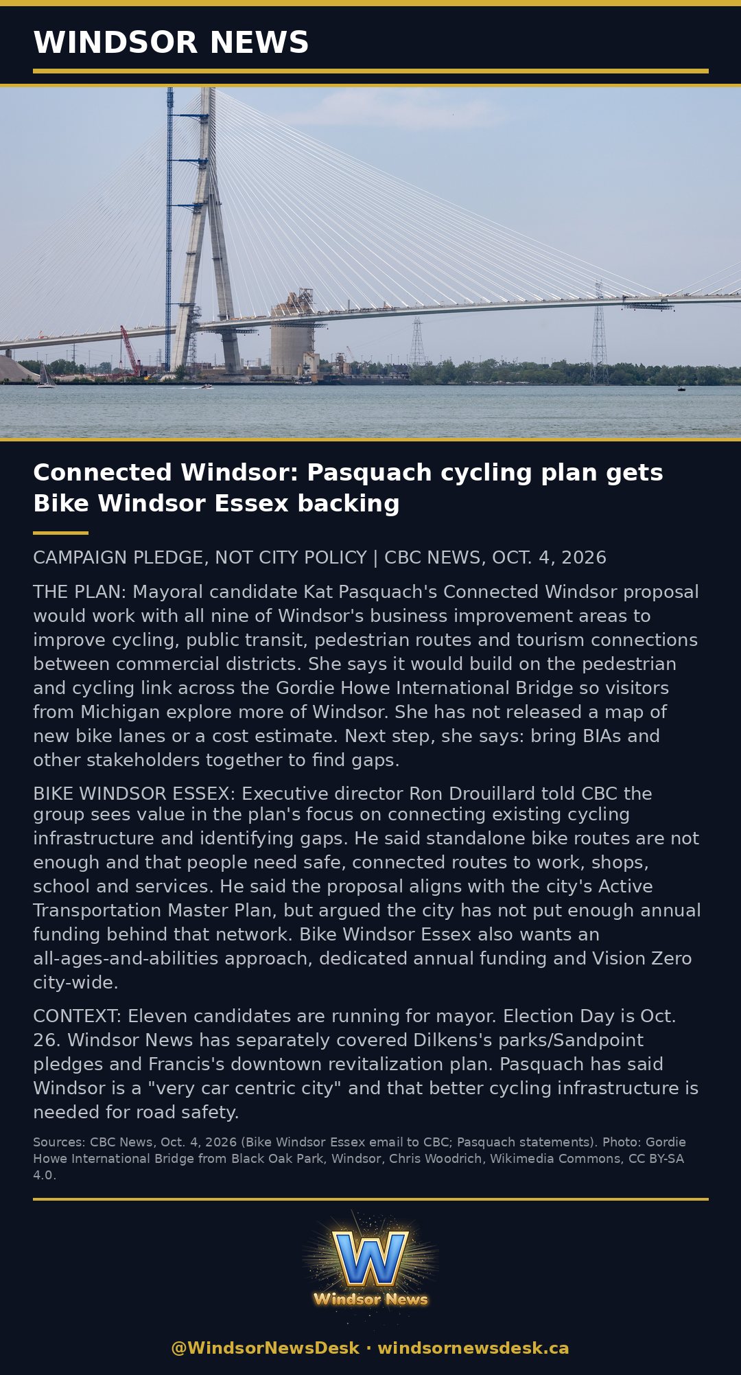 Windsor News card: Connected Windsor: Pasquach cycling plan gets Bike Windsor Essex backing