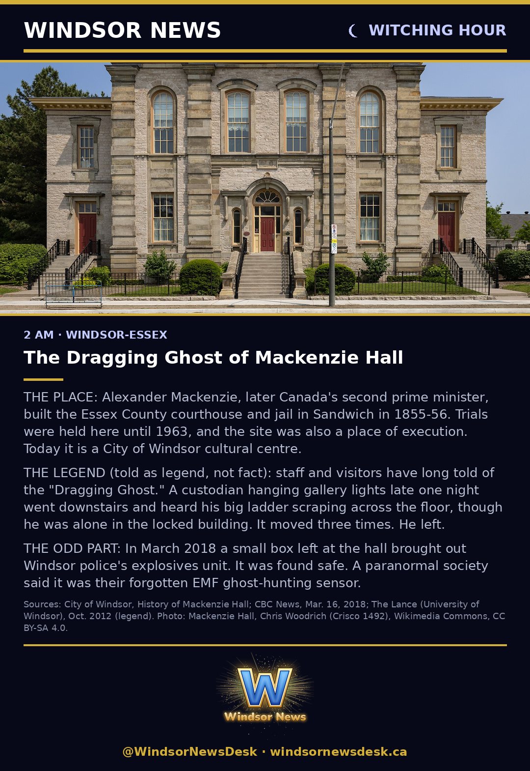 Windsor News card: The Dragging Ghost of Mackenzie Hall