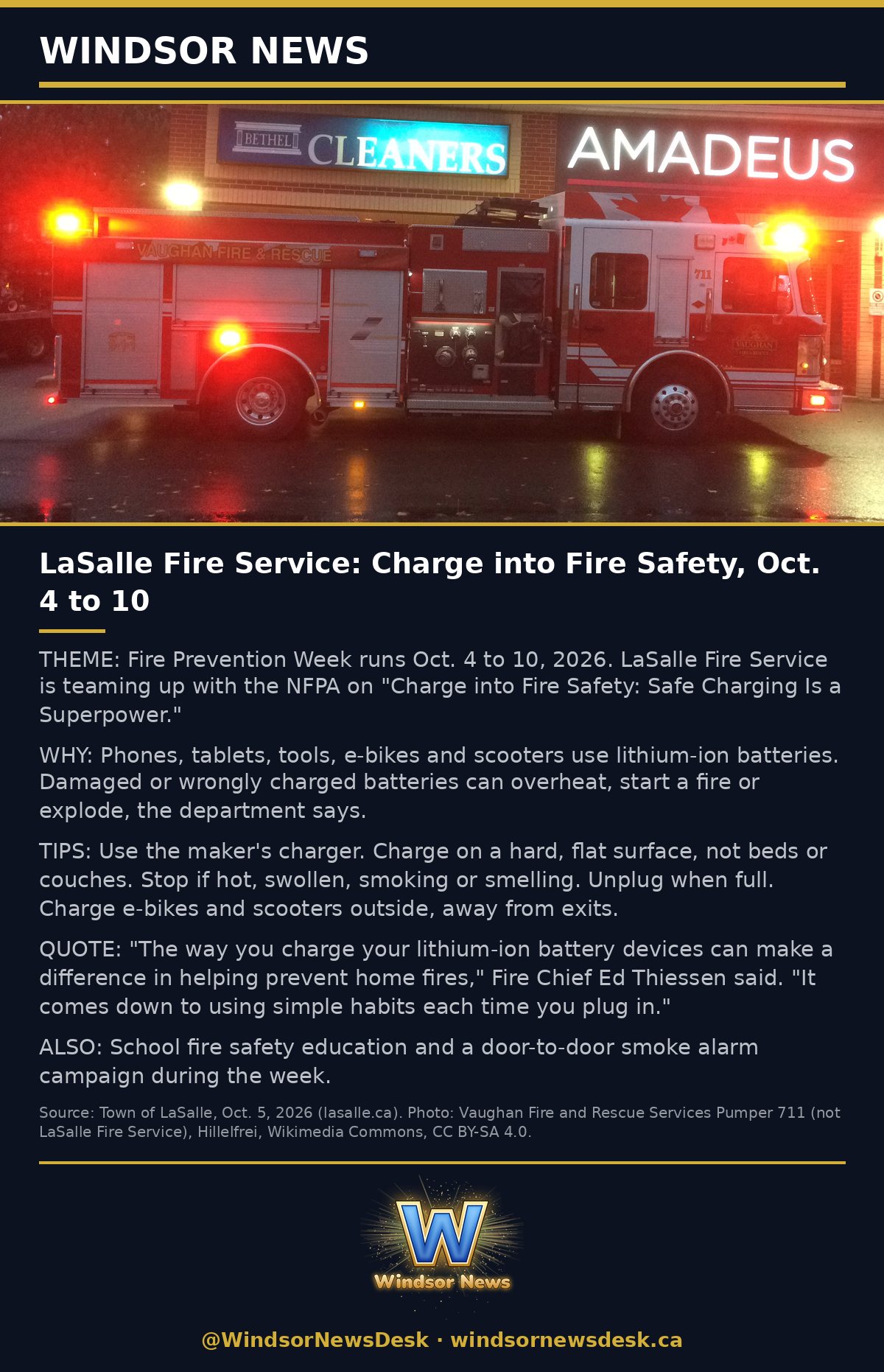 Windsor News card: LaSalle Fire Service: Charge into Fire Safety, Oct. 4 to 10