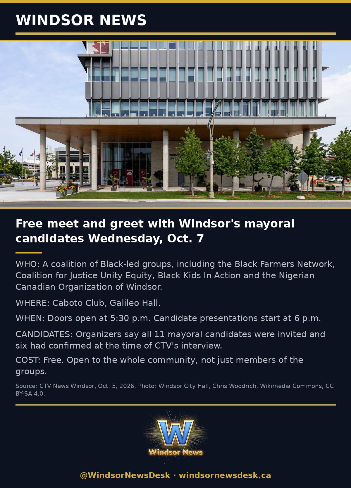 Windsor News card: Free meet and greet with Windsor's mayoral candidates Wednesday, Oct. 7