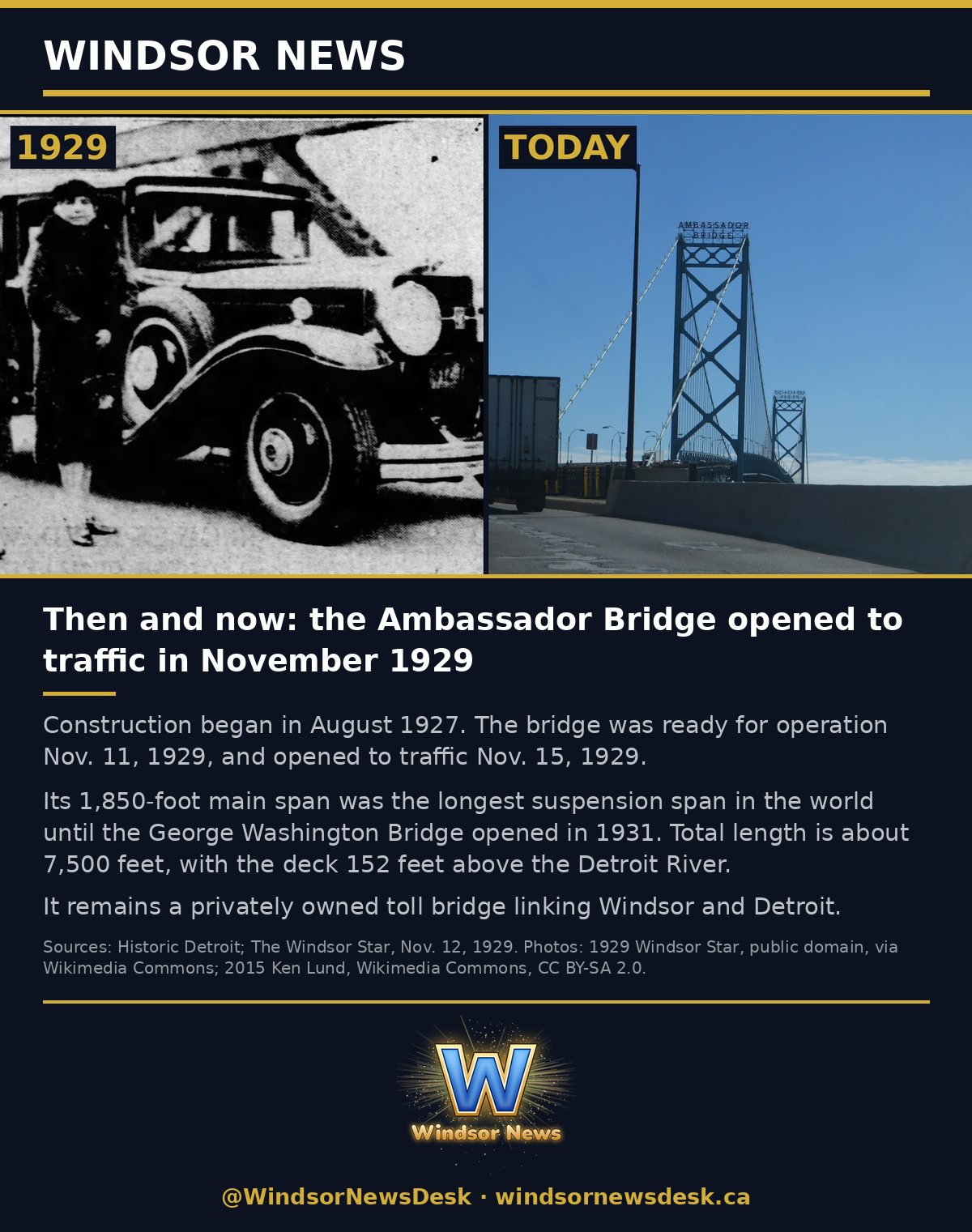 Windsor News card: Then and now: the Ambassador Bridge opened to traffic in November 1929