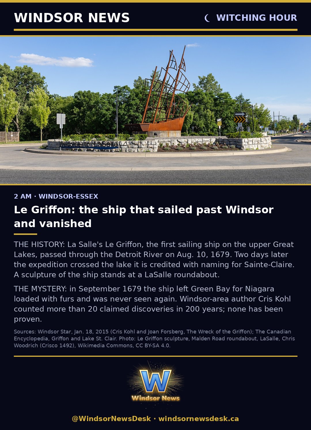 Windsor News card: Le Griffon: the ship that sailed past Windsor and vanished