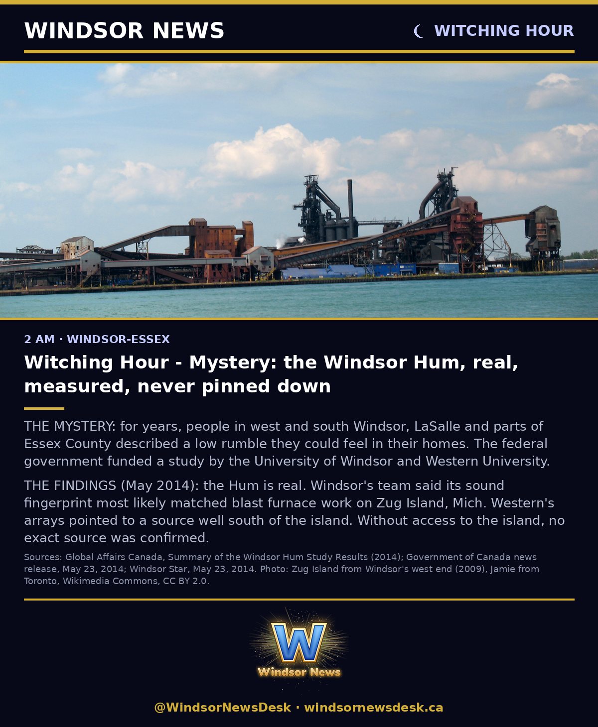 Windsor News card: Witching Hour - Mystery: the Windsor Hum, real, measured, never pinned down