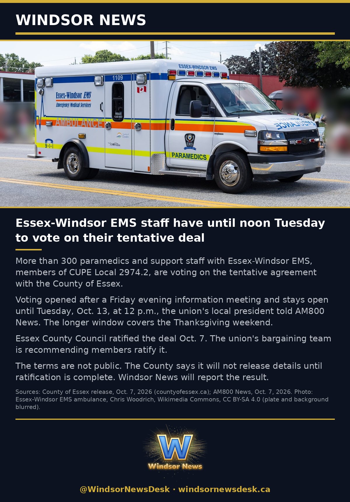 Windsor News card: Essex-Windsor EMS staff have until noon Tuesday to vote on their tentative deal