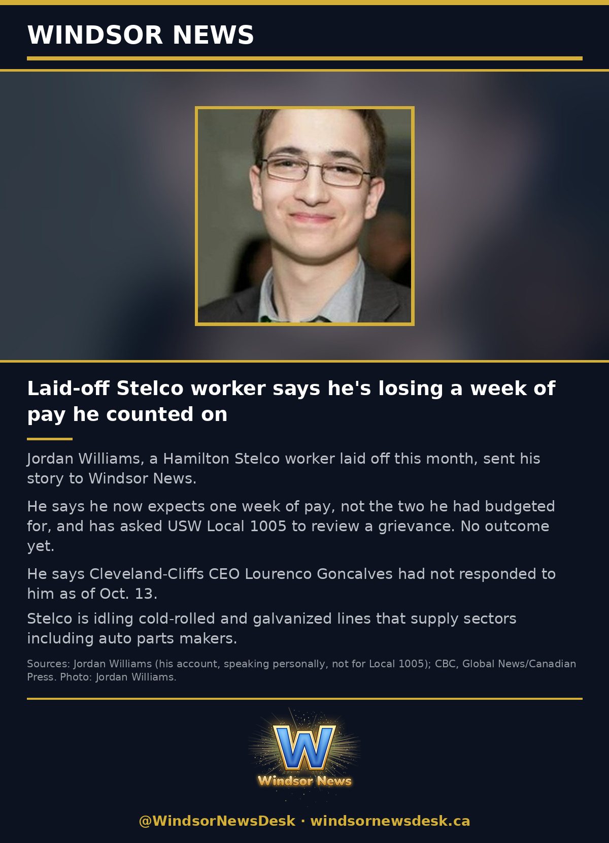 Windsor News card: Laid-off Stelco worker: one week of pay, grievance ask, no CEO reply
