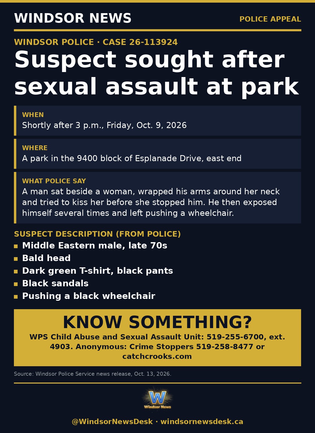 Windsor News card: Windsor Police seek suspect after sexual assault at Esplanade Drive park