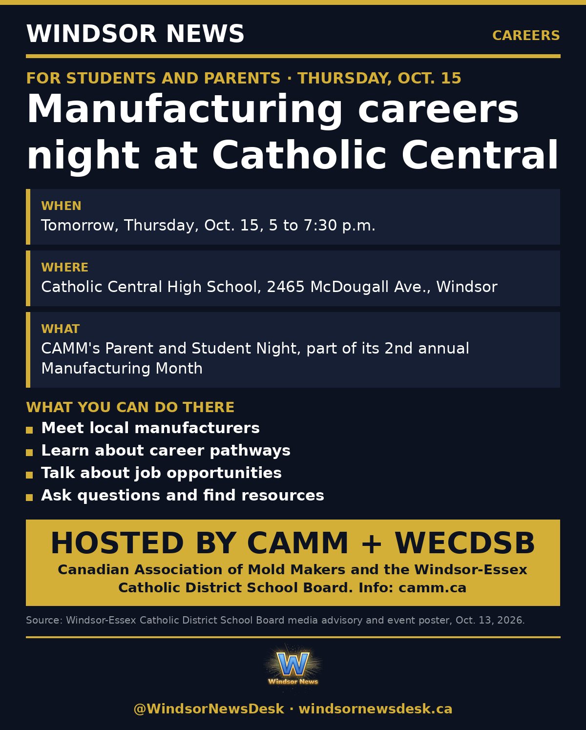 Windsor News card: Manufacturing careers night for students and parents at Catholic Central