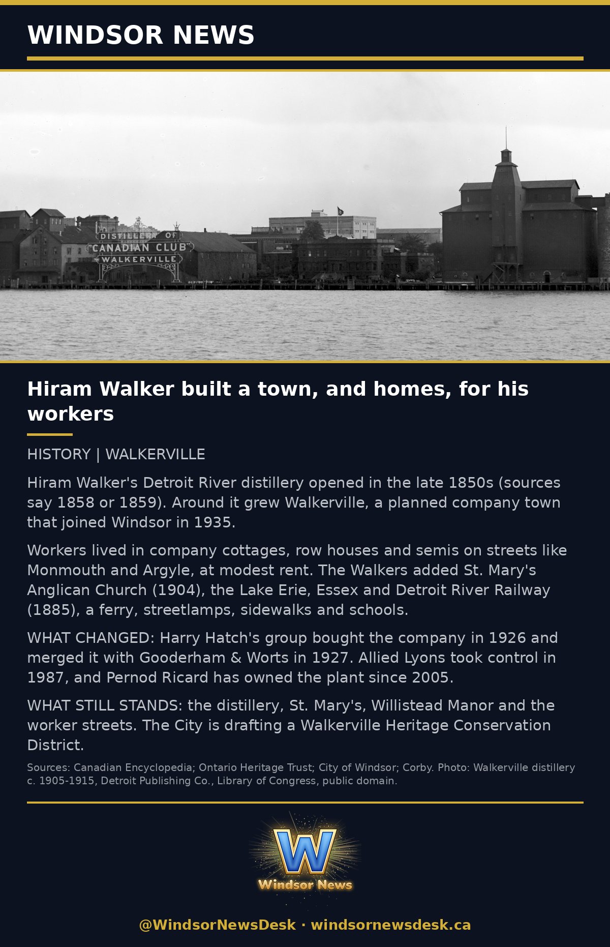 Windsor News card: Hiram Walker built a town, and homes, for his workers