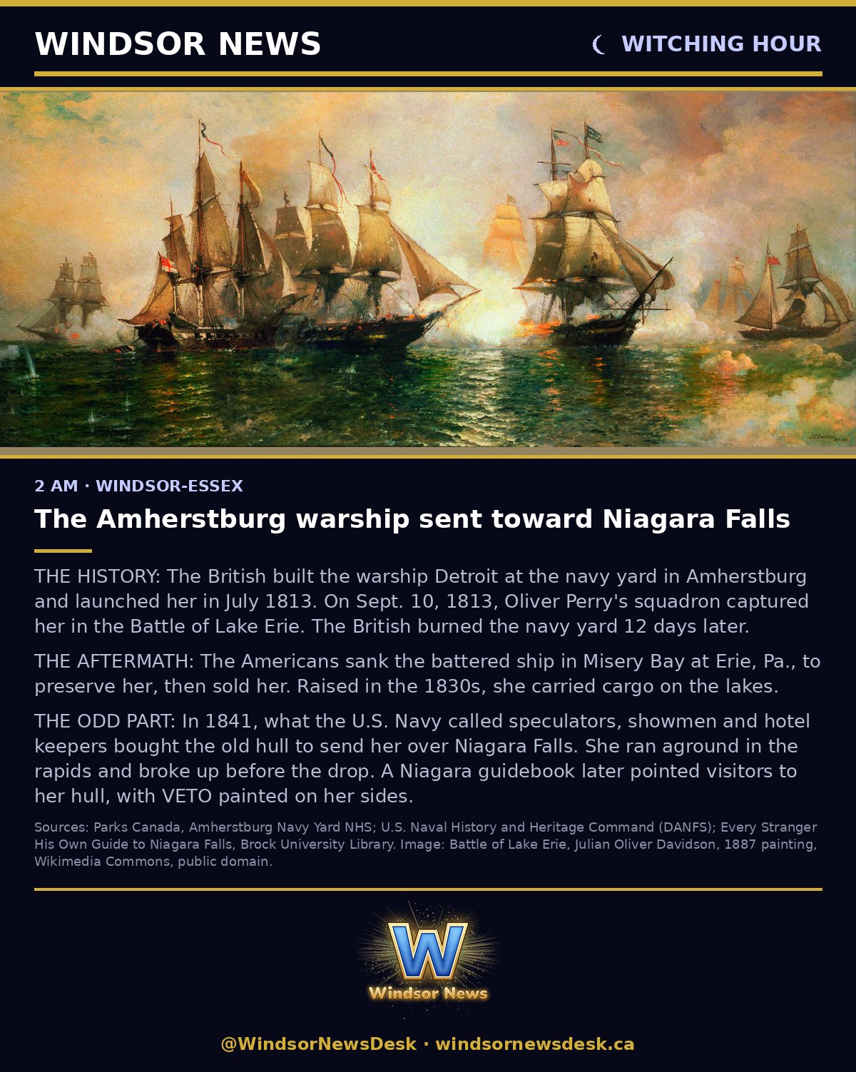 Windsor News card: Witching Hour - Strange History: The Amherstburg warship sent toward Niagara Falls