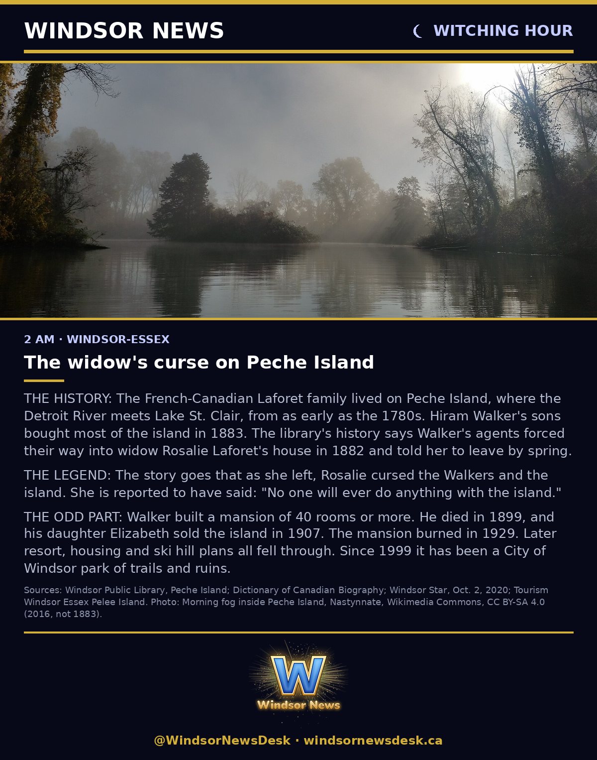 Windsor News card: Witching Hour - Legends: The widow's curse on Peche Island