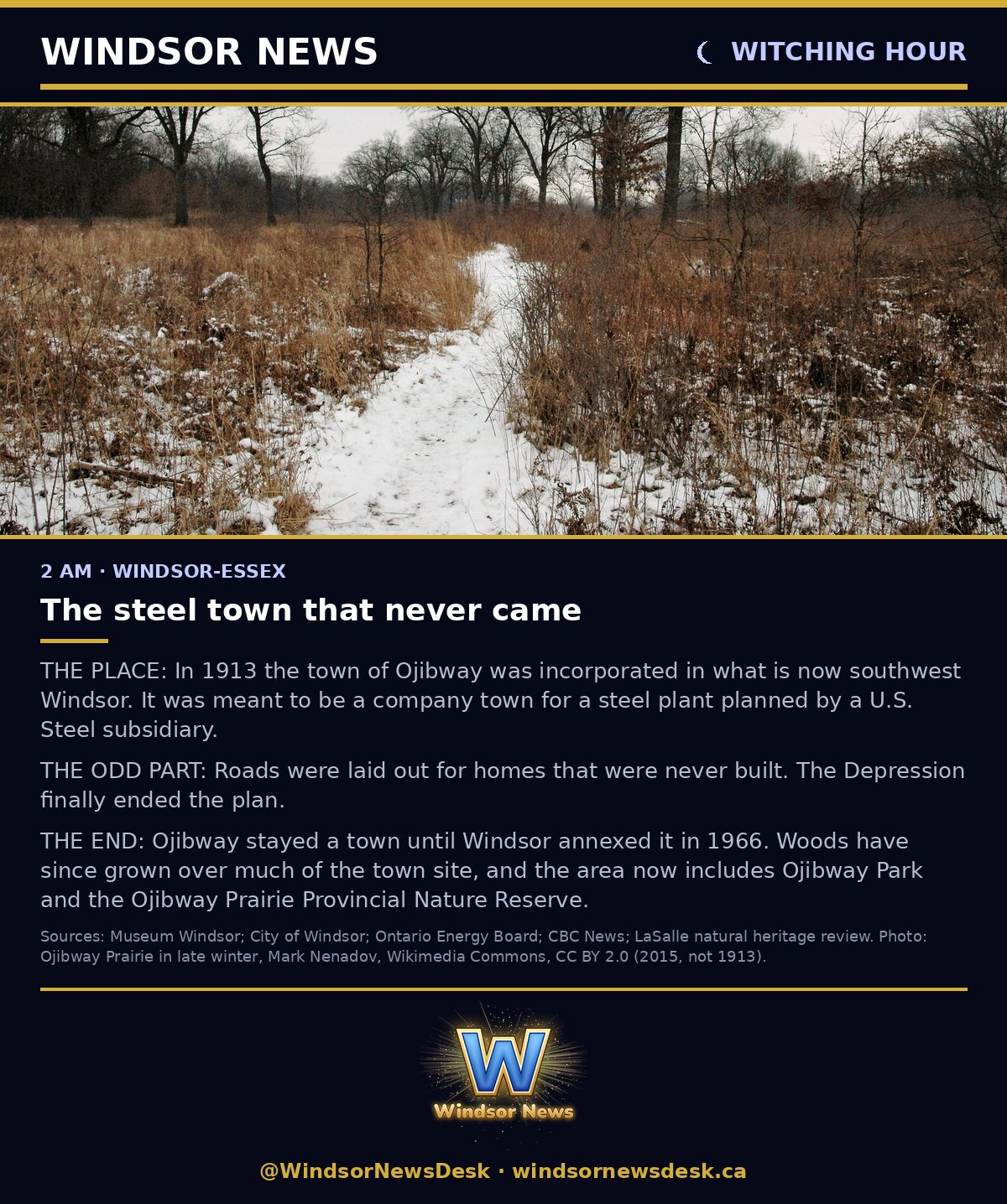 Windsor News card: Witching Hour - Strange History: The steel town that never came