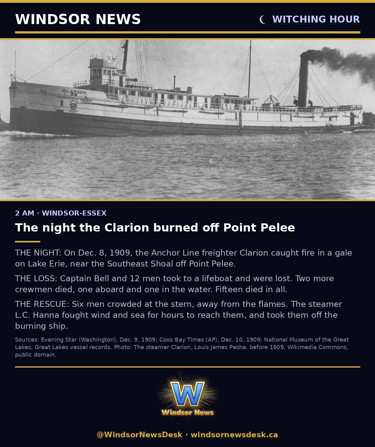 Windsor News card: Witching Hour - Dark History: The night the Clarion burned off Point Pelee