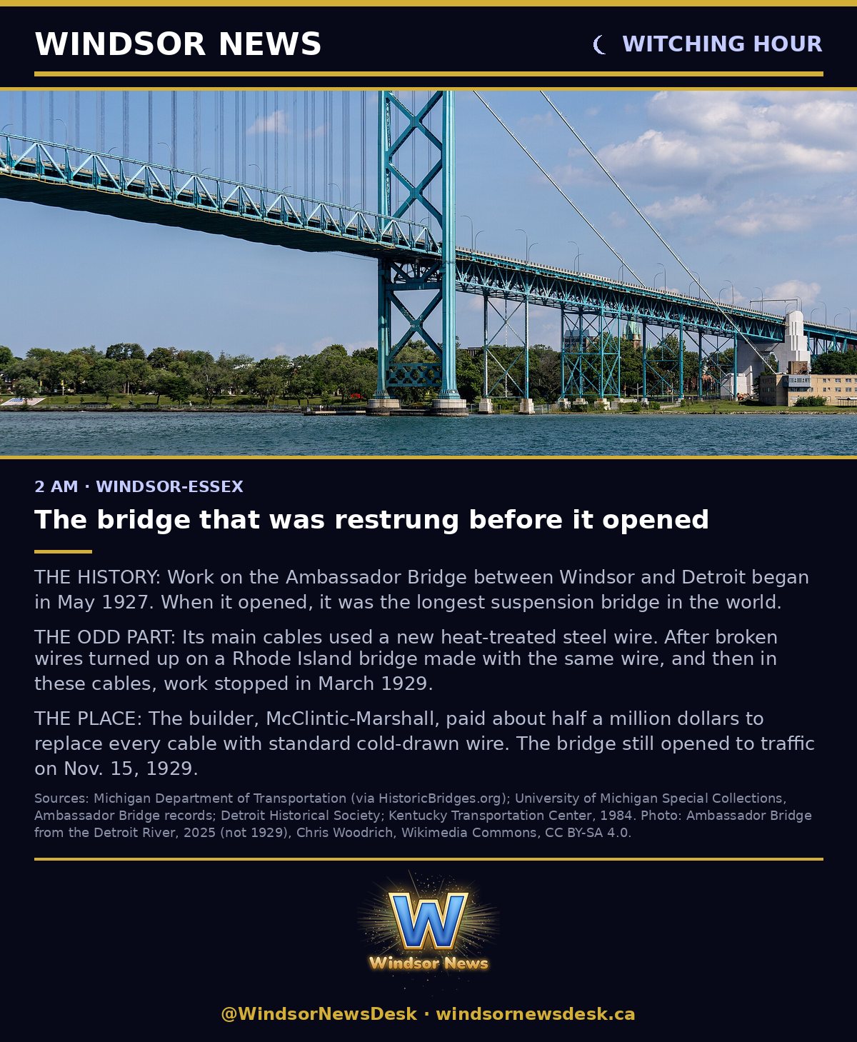 Windsor News card: Witching Hour - Strange History: The bridge that was restrung before it opened