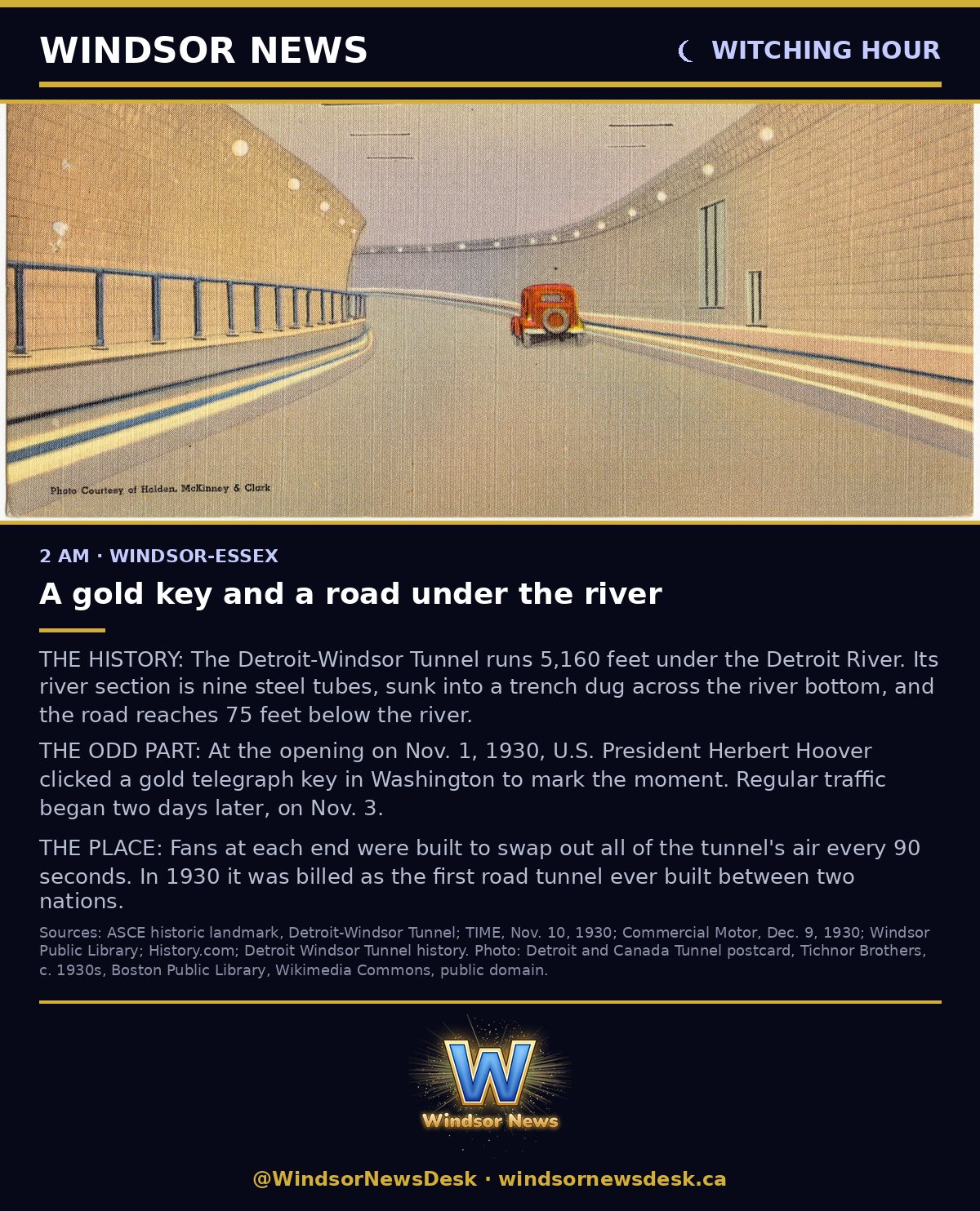 Windsor News card: Witching Hour - Strange History: A gold key and a road under the Detroit River