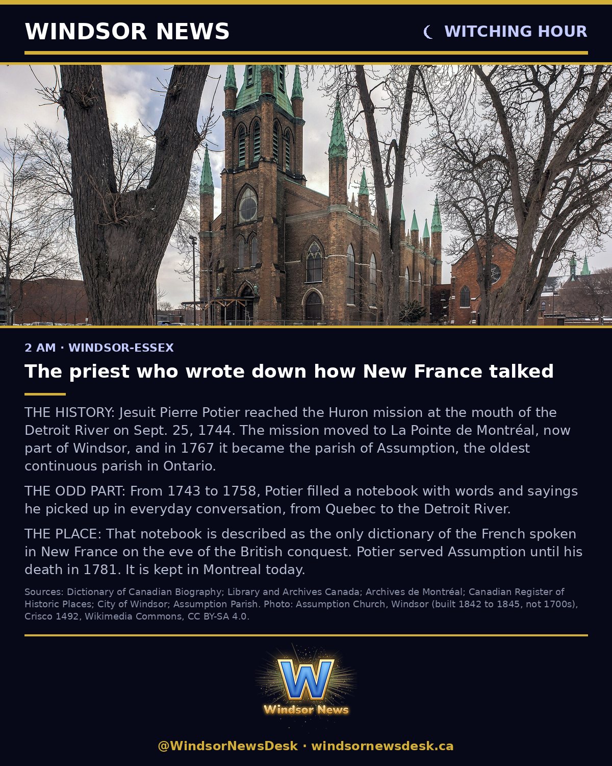 Windsor News card: Witching Hour - Strange History: The priest who wrote down how New France talked