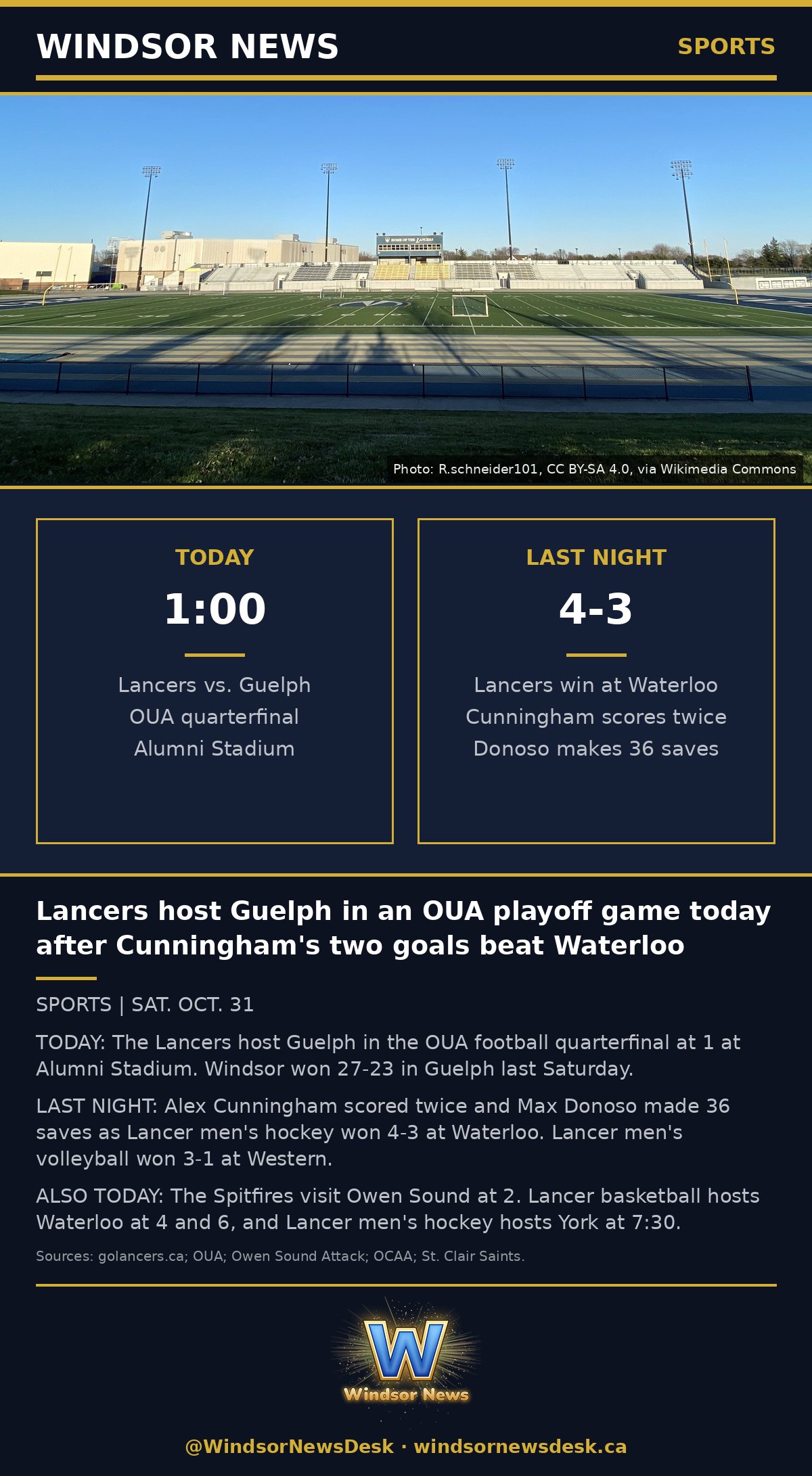 Windsor News card: Lancers host Guelph in an OUA playoff game today after Cunningham's two goals beat Waterloo